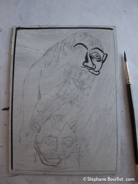 Début de l'encrage au pinceau, technique qui se prête bien à la linogravure. On voit le décalqué sur la fine couche de gesso