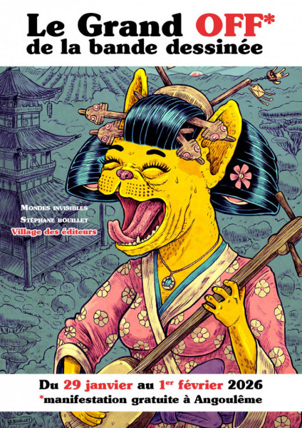 Le Grand Off de la BD, remplaçant le Festival de la BD d'Angoulême en 2026 : affiche alternative avec la geisha bouledogue français
