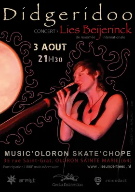 Affiche / Flyer du concert de didgeridoo de Lies Beijerinck au Music Oloron Skate Chope à Oloron Sainte Marie (64)