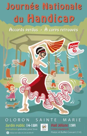 Affiche sucette  de la journée nationale du handicap, Oloron Sainte Marie (64). Une danseuse espagnole danse le flamenco, avec un avant-bras manquant et en étant aveugle. D'autres personnages sont en situation de handicap ou font des parcours de sensibilisation au handicap, autour du kiosque du jardin public d'Oloron Sainte Marie.