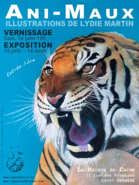 Affiche de l'exposition d'illustrations Ani-Maux de Lydie Martin: illustrations d'animaux en voie de disparition