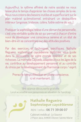 Flyer pour une Sophrologue professionnelle. Le logo a également été pensé pour de la psychologie.