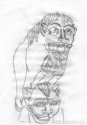 Calque par transparence du croquis original. Ne pas aller trop dans les détails. Ce calque sera reporté par frottement sur la plaque de lino préalablement recouverte de gesso. On peut donc utiliser un crayon assez gras et pas trop fin.