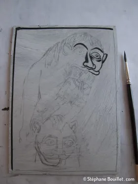 Début de l'encrage au pinceau, technique qui se prête bien à la linogravure. On voit le décalqué sur la fine couche de gesso