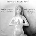 Affiche et Flyer de "Yogi", exposition des illustrations de Lydie Martin, du 12 avril au 12 juin 2012 à l'Orange bleue, Oloron Sainte Marie (64): postures de yoga (asana) et sanguines