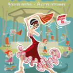 Affiche sucette  de la journée nationale du handicap, Oloron Sainte Marie (64). Une danseuse espagnole danse le flamenco, avec un avant-bras manquant et en étant aveugle. D'autres personnages sont en situation de handicap ou font des parcours de sensibilisation au handicap, autour du kiosque du jardin public d'Oloron Sainte Marie.