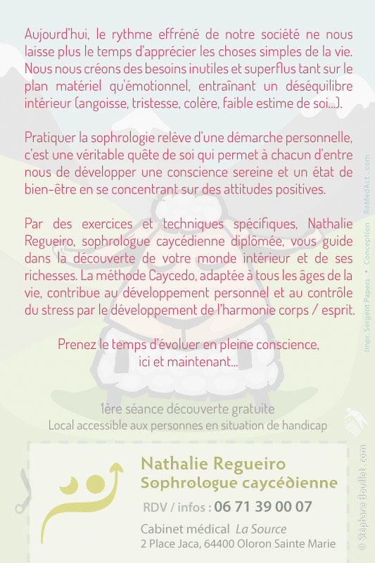 Flyer pour une Sophrologue professionnelle. Le logo a également été pensé pour de la psychologie.
