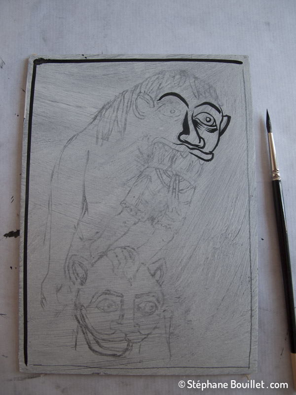 Début de l'encrage au pinceau, technique qui se prête bien à la linogravure. On voit le décalqué sur la fine couche de gesso
