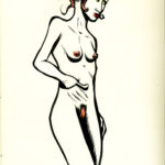Dessin réalisé lors des sketch night à la Société des illustrateurs de New York. Pauses de 20 minutes. Une femme nue avec un double chignon à la japonaise et une fleur dans les cheveux, tient sa main dans une espèce de poche kangourou