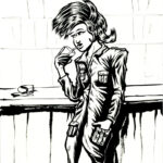 Dessin réalisé lors des sketch night à la Société des illustrateurs de New York. Pauses de 20 minutes. Dessin fini pour une petite partie après les 20 minutes de pause. Une femme à la coiffure punk, avec une crête, se tient devant un bar, en sirotant un verre avec une paille