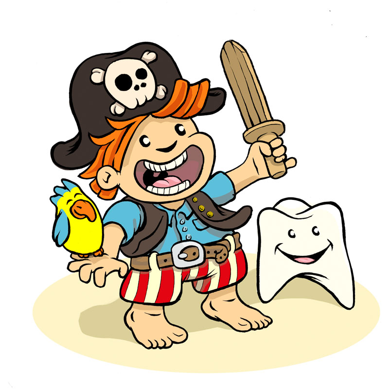 Garçon pirate avec son perroquet et sa dent
