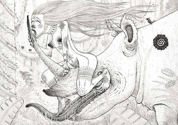 Femme tatouée et rhinocéros de Bornéo