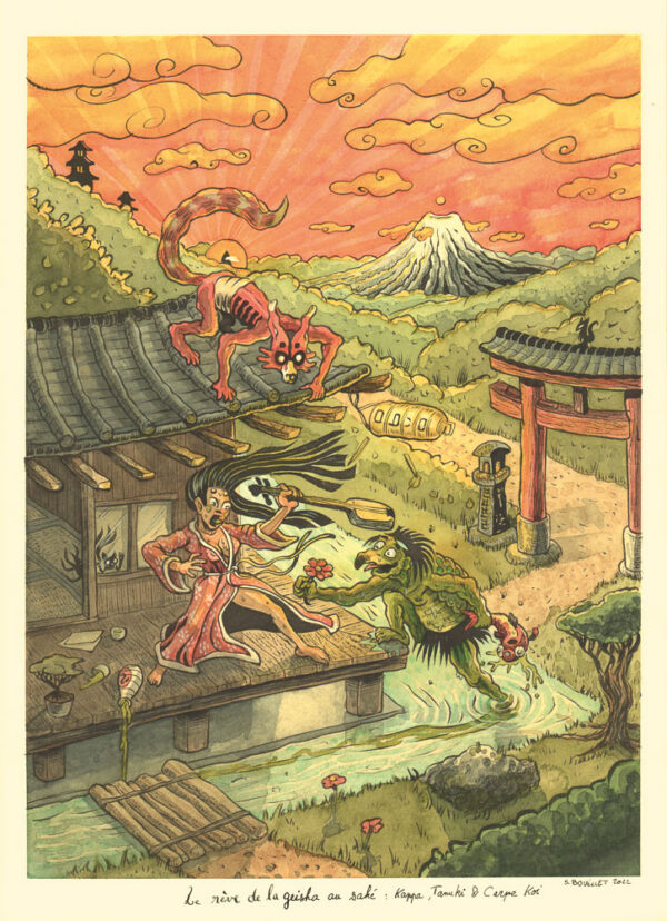 Le rêve de la geisha au saké : kappa, tanuki et carpe koi